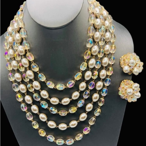 Vintage Five Strand Bib Necklace & Earring AB Glass Bead Faux Pearl Set